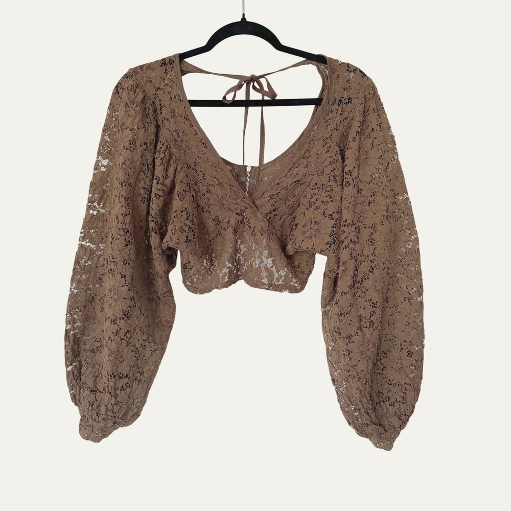 Open Back Puff Sleeve Lace Women Small Brown Crop Top Festival Whimsigoth